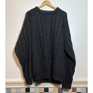 LL Bean Mens XL Charcoal Grey Heavy Chunky Cable Knit Wool Sweater Made Ireland